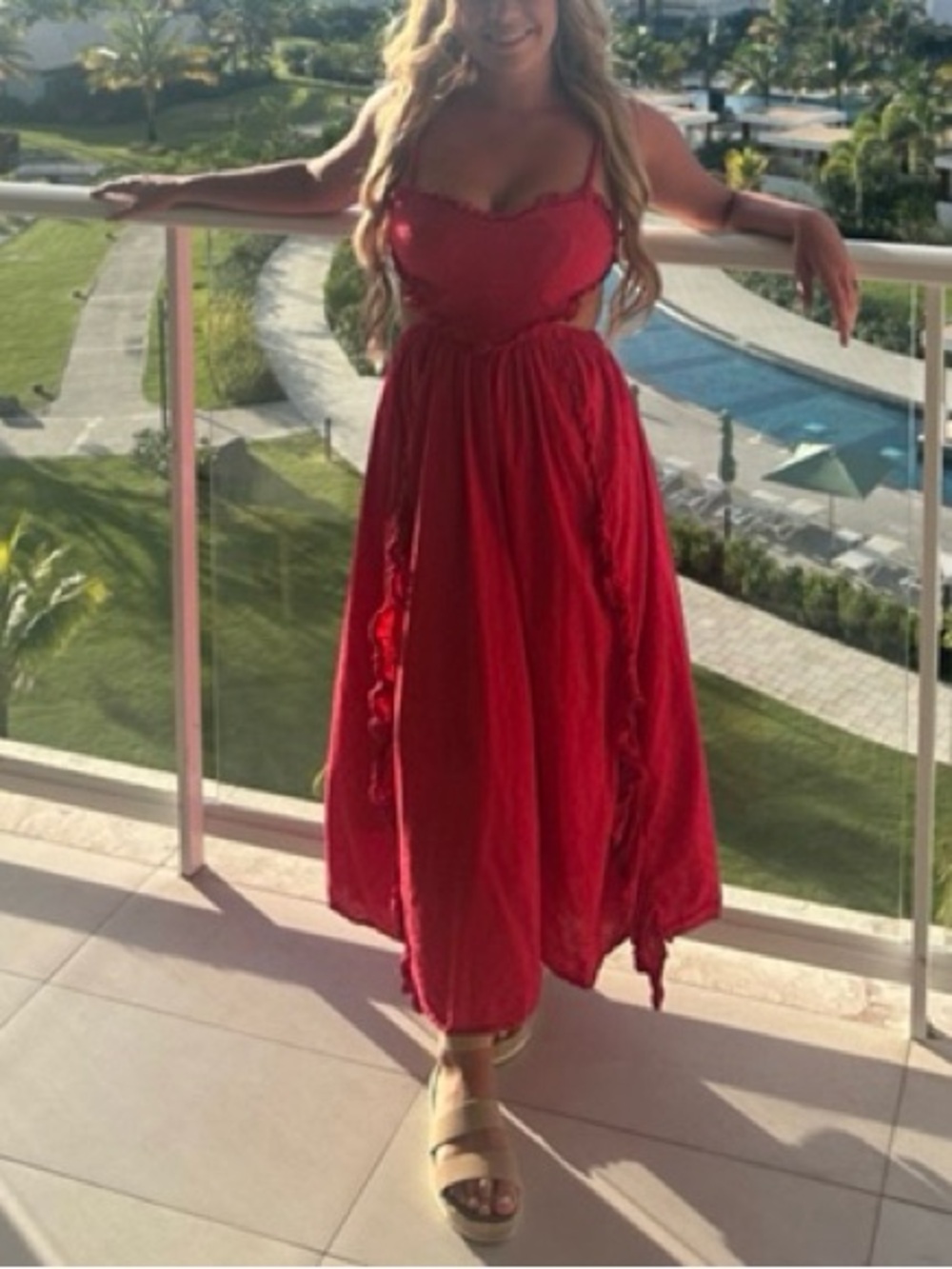 100% Cotton FARM Rio Scarlet Ruffle Cutout Maxi Dress - Picture 5 of 13